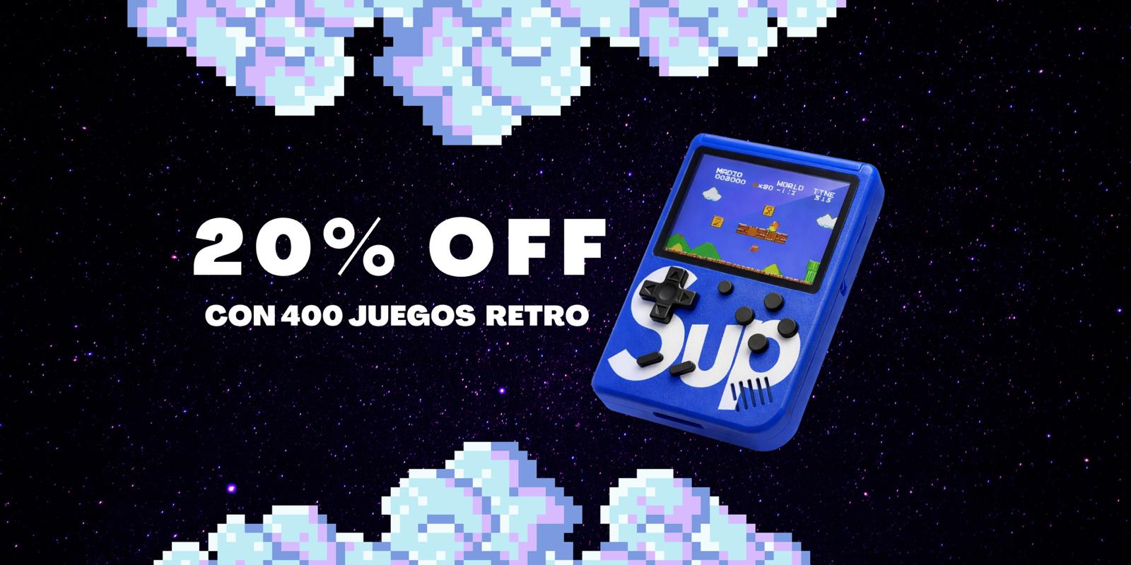 Handheld gaming console with 400 retro games on a starry background, featuring a 20% off promotion.